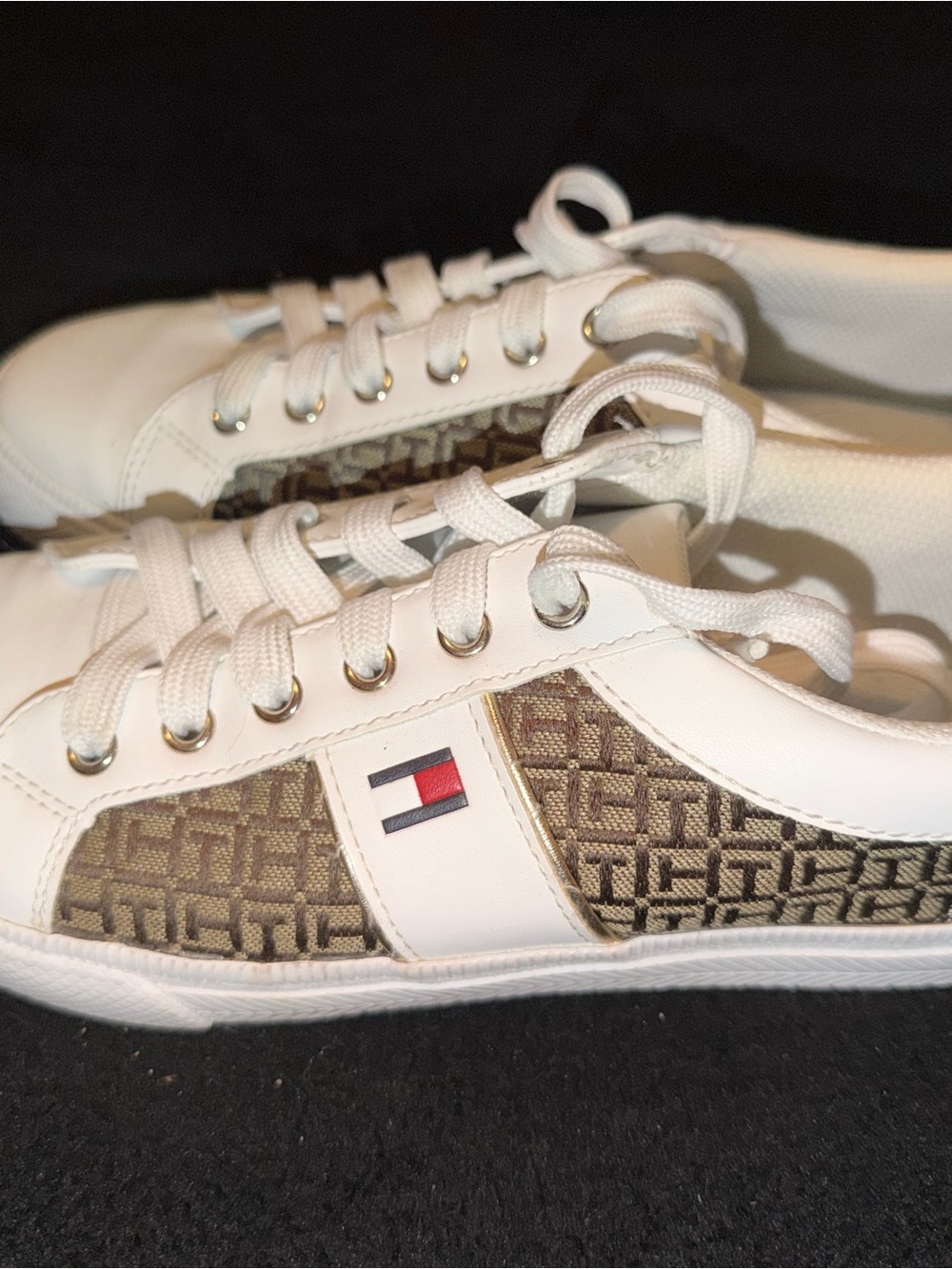Tommy Hilfiger White Leather & Brown Monogram Low-Top Sneakers
